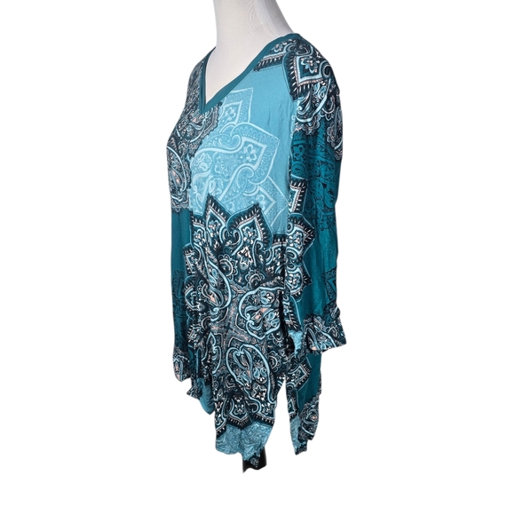 Chico's Size 3 (Approx Size 16) Blue and Black Asymmetrical 3/4 Sleeve Tunic - Picture 4 of 8